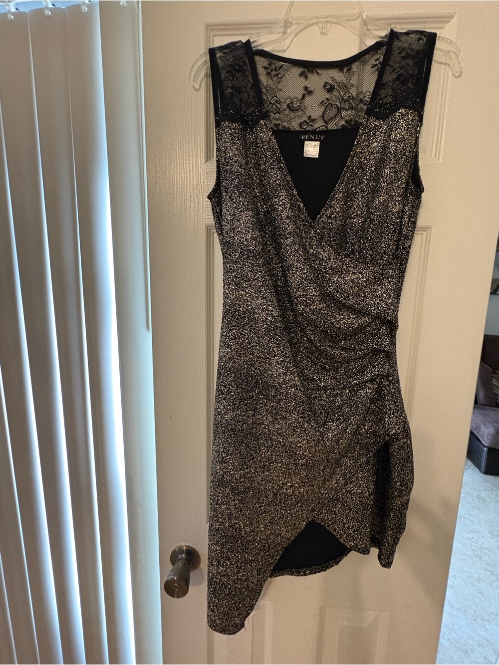 VENUS Black gold shimmer Lace-Trim Asymmetrical Sheath Dress